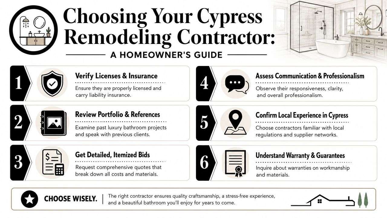 An infographic titled Choosing Your Cypress Remodeling Contractor, featuring six steps to select a professional for bathroom renovation.