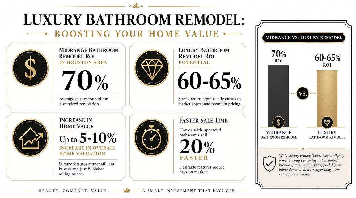 An infographic illustrating the ROI and market value benefits of luxury bathroom remodeling versus midrange renovations.
