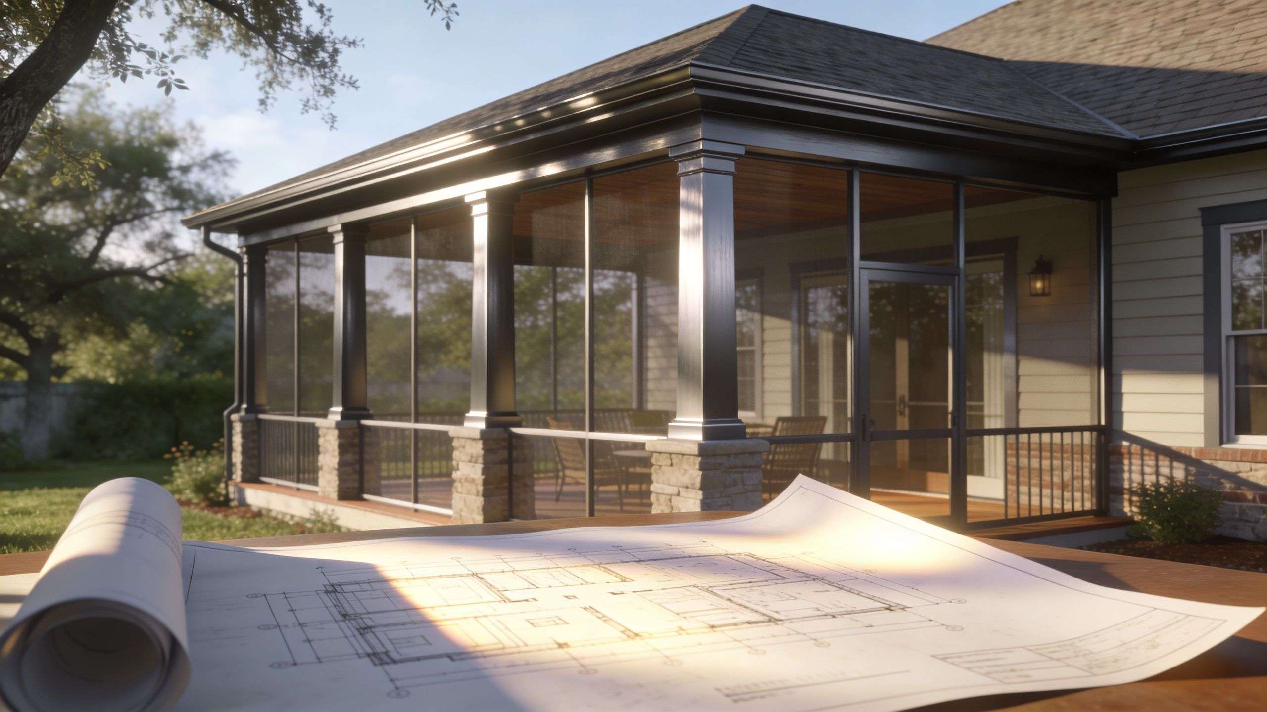 screened in porch contractors houston architectural blueprints Best Screened-in Porch Contractors Houston: Your 2026 Guide Before you call screened-in porch contractors Houston homeowners recommend, get your expectations straight on cost, scope, and what kind of build will hold up here. Architectural blueprints for a house extension lying on a table in front of a new screened-in porch.