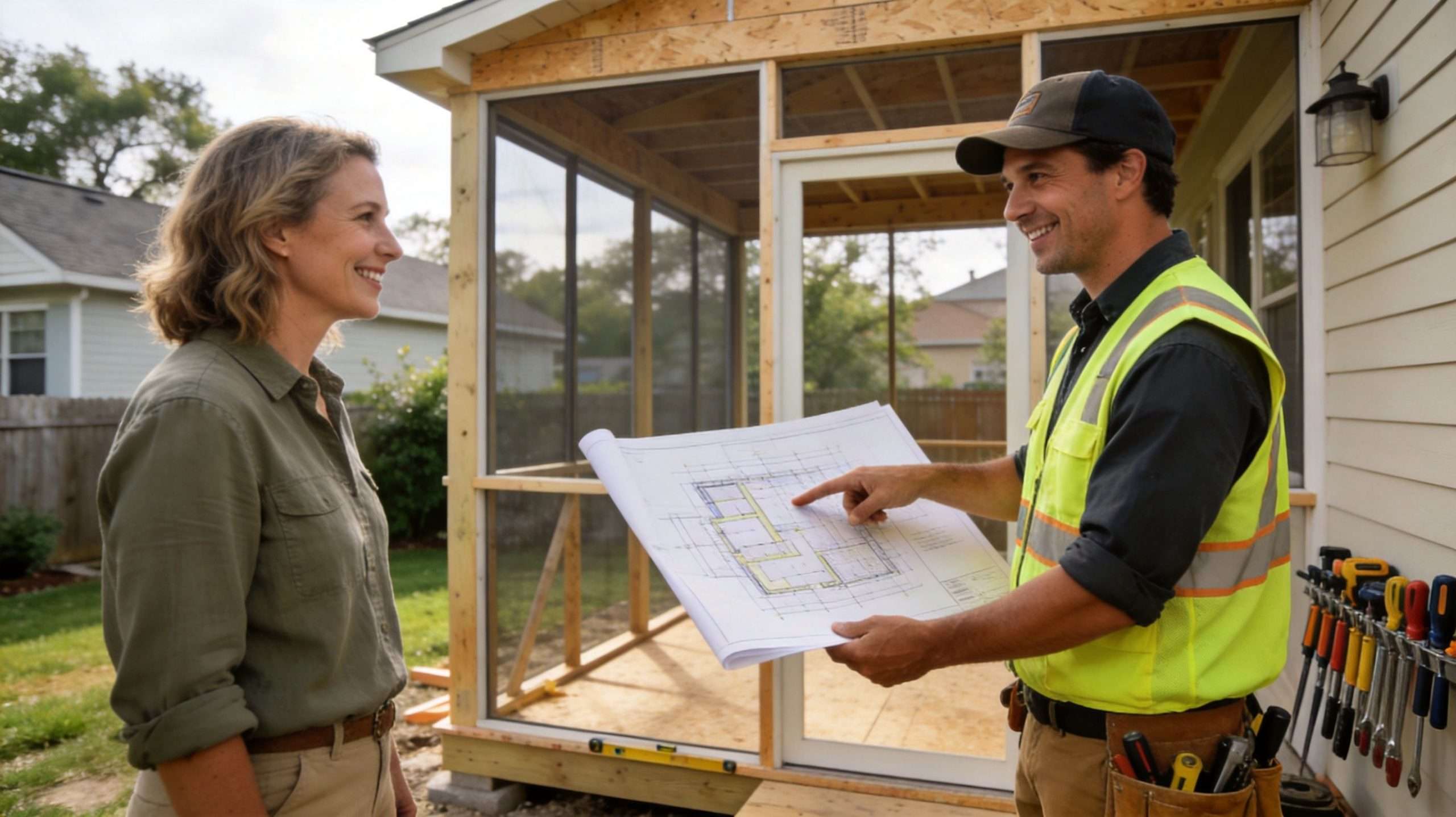 screened in porch contractors houston construction consultation scaled Best Screened-in Porch Contractors Houston: Your 2026 Guide Before you call screened-in porch contractors Houston homeowners recommend, get your expectations straight on cost, scope, and what kind of build will hold up here. A professional construction contractor pointing to blueprints while discussing plans with a female homeowner outdoors.