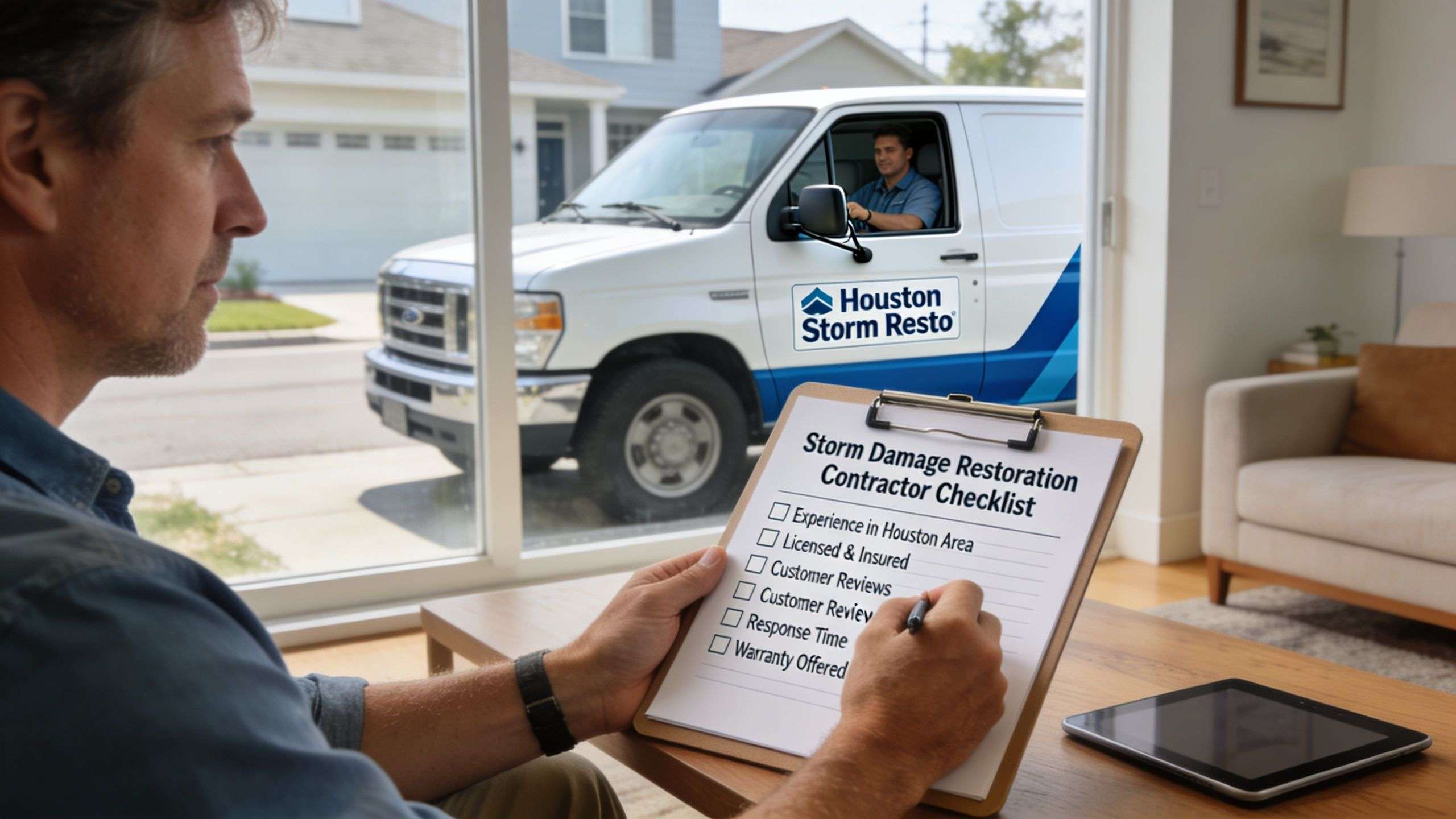 A homeowner checks off a storm damage restoration contractor checklist while a professional van arrives outside.