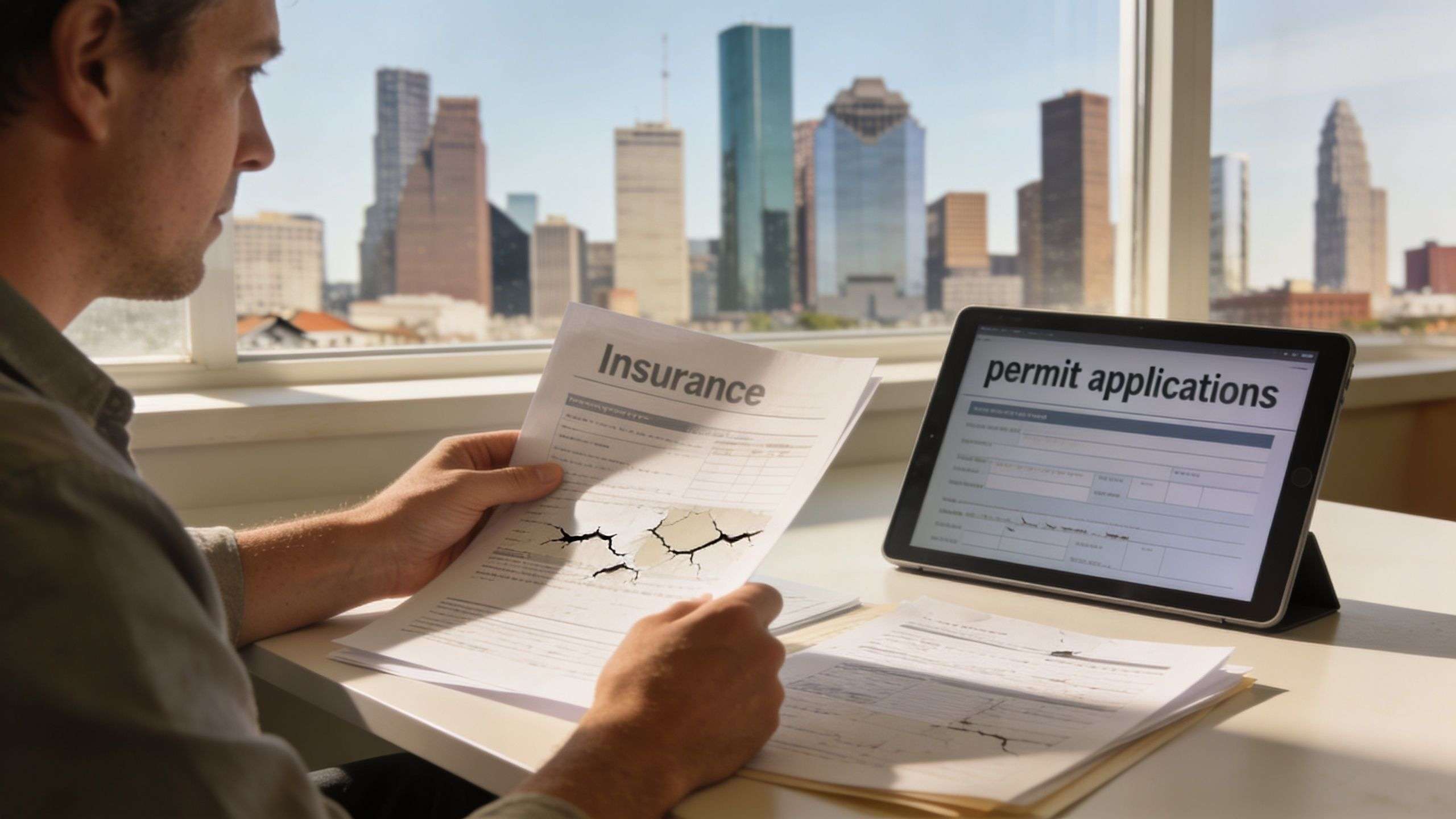 A man reviewing insurance documents and permit applications in a Houston office overlooking the city skyline.