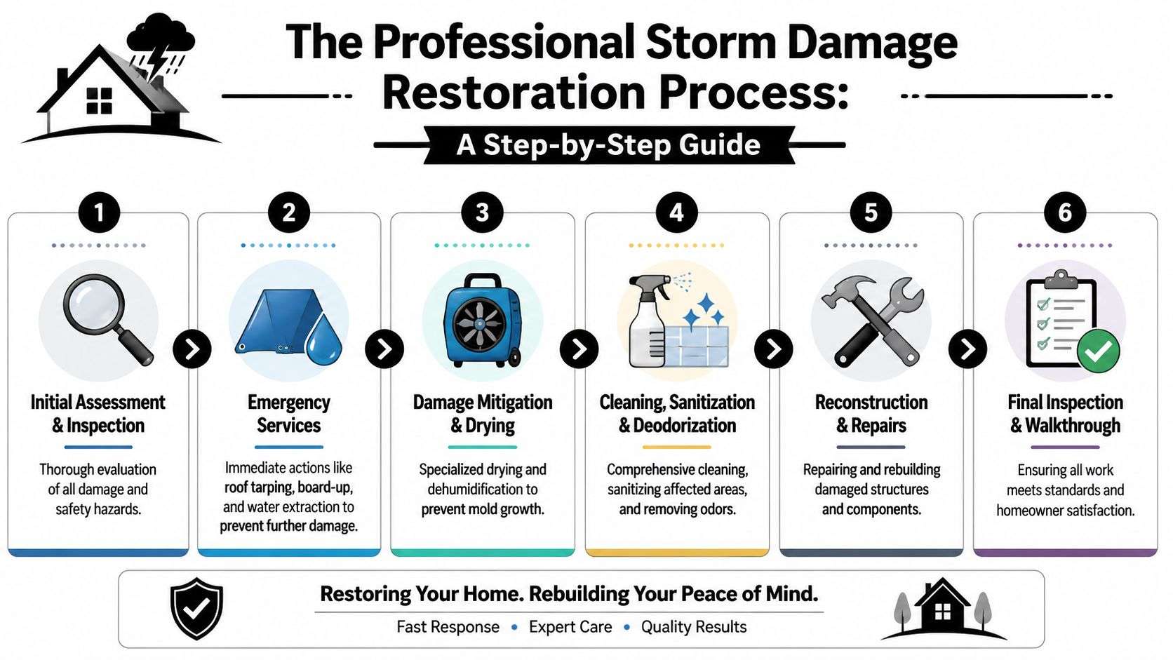 A six-step infographic detailing the professional storm damage restoration process for residential properties.