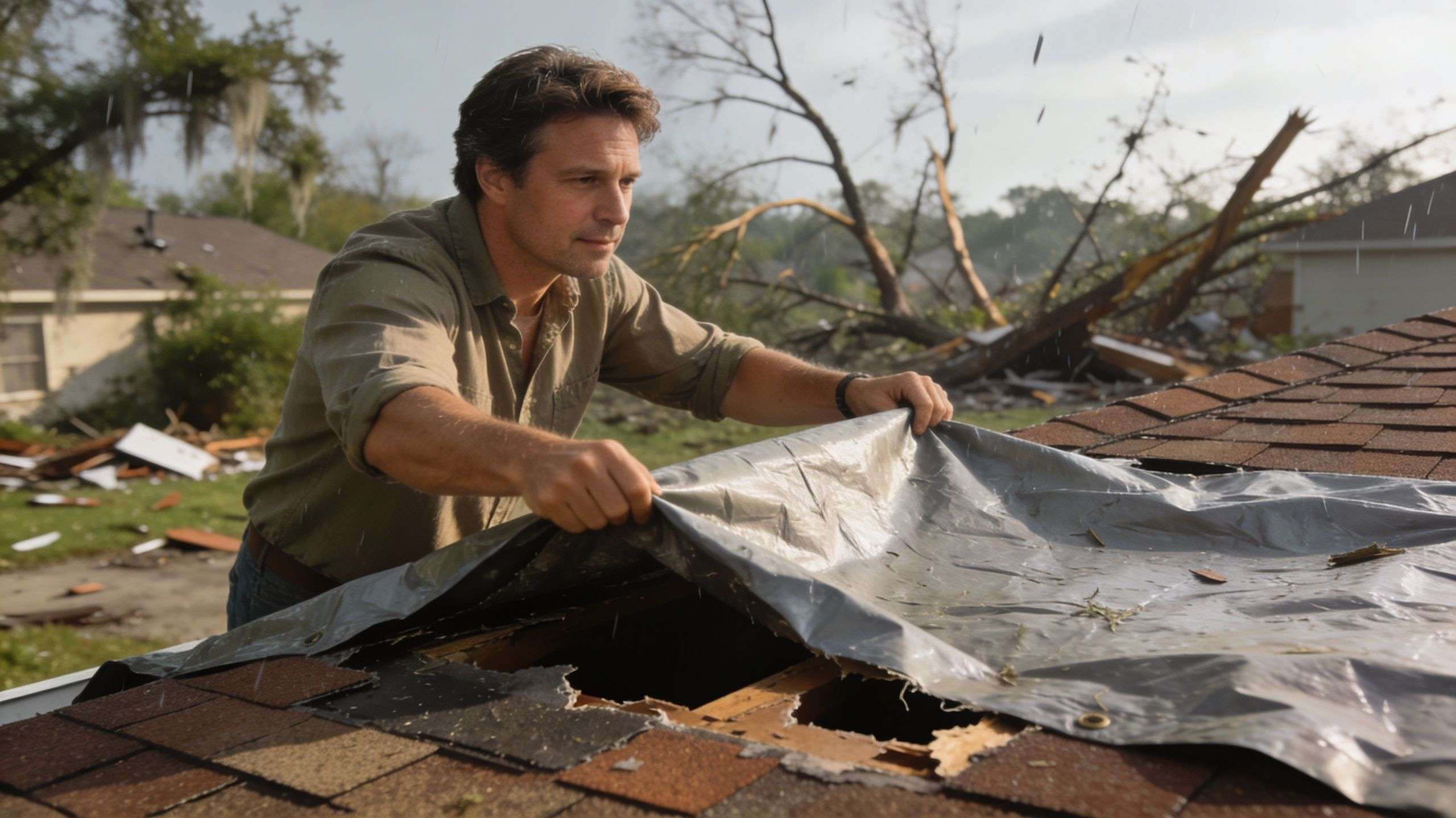 A man installs a temporary protective tarp over a hole in a storm-damaged residential house roof.