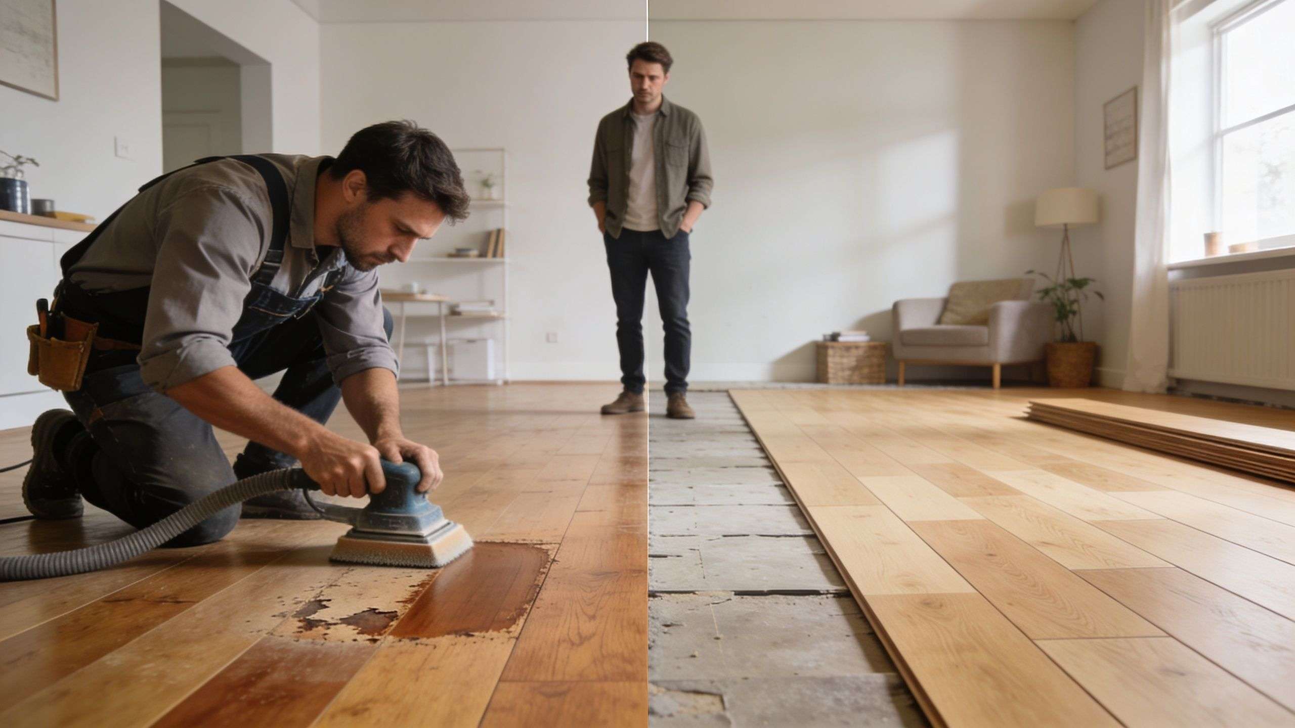 A split view showing a worker refinishing old wooden floors and a man observing new floor installation.