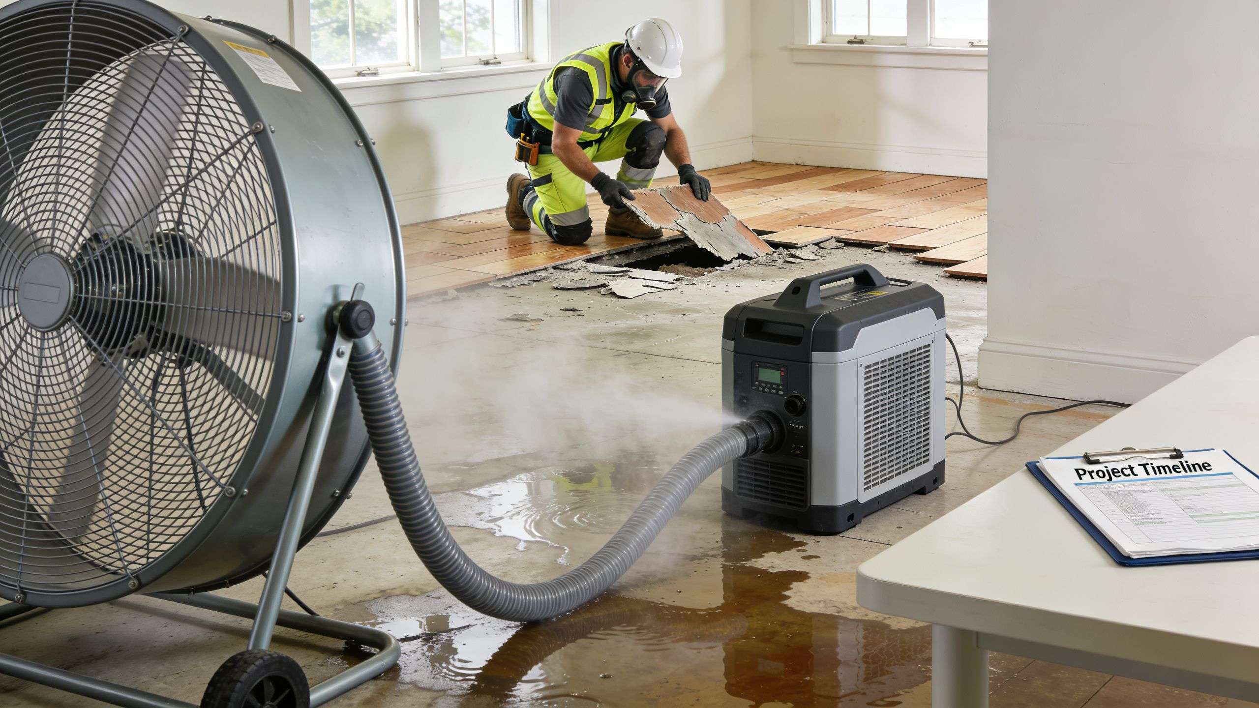 A professional restoration worker removes damaged floor tiles while industrial drying equipment runs in the room.