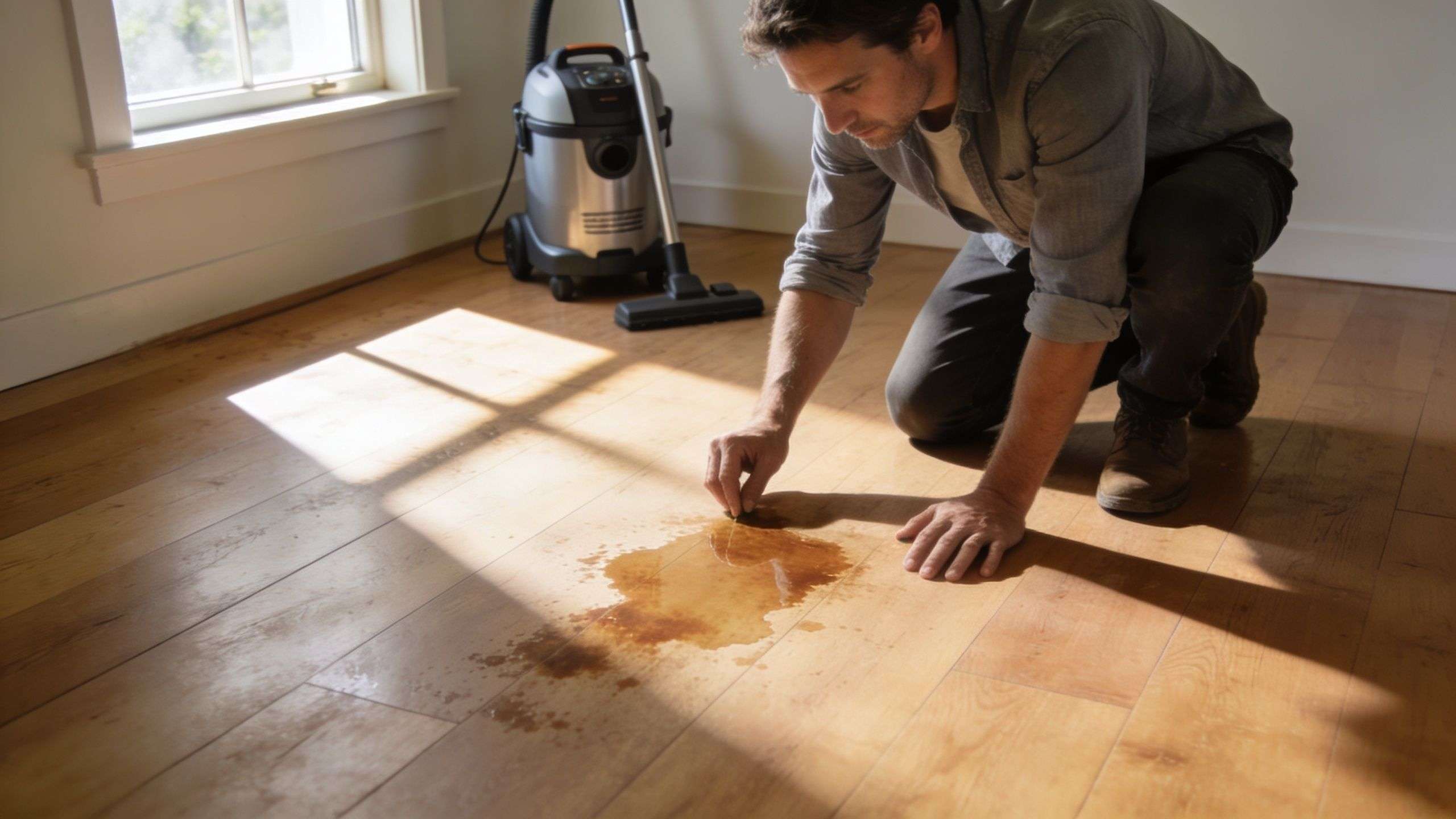 A man kneeling on a wooden floor inspecting a water stain while a shop vacuum stands nearby.