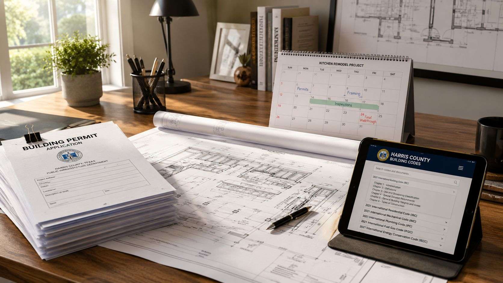 A professional desk featuring construction blueprints, a building permit application, and a calendar for kitchen remodeling.