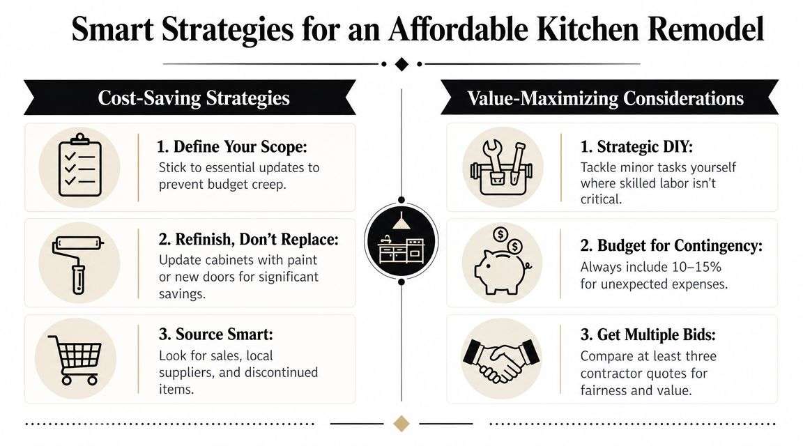 An infographic titled Smart Strategies for an Affordable Kitchen Remodel with six key tips for saving money.