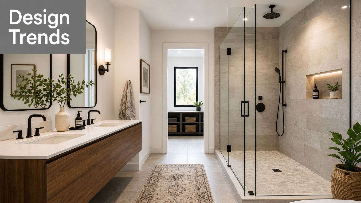 A modern, minimalist bathroom with a wooden double vanity, glass-enclosed shower, and elegant neutral decor design.