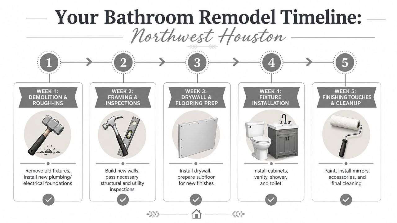 A bathroom remodel timeline infographic showing a five-week construction process in Northwest Houston, Texas.