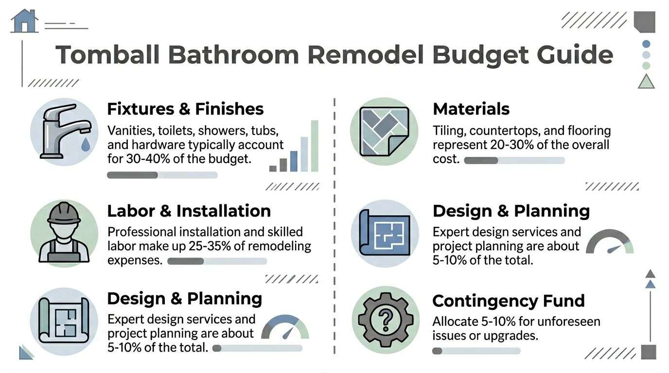 A budget guide infographic for bathroom remodeling in Tomball, Texas, breaking down estimated project costs.
