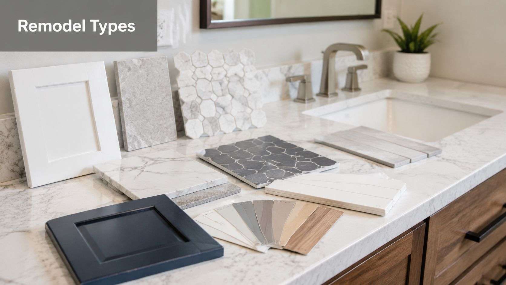 An array of bathroom remodeling material samples, including tiles, cabinet doors, and paint chips, on a marble vanity.
