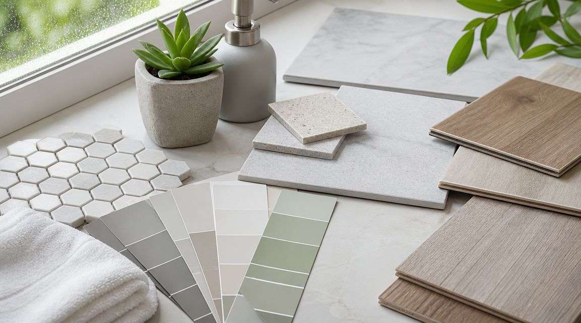 Design materials including tile samples, paint swatches, and wood flooring arranged for a bathroom renovation project.