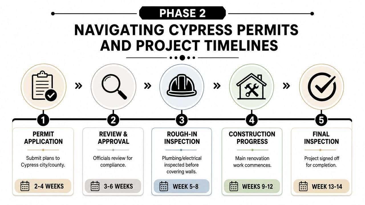 An infographic showing the five-step permitting and construction timeline process for home renovations in Cypress, Texas.