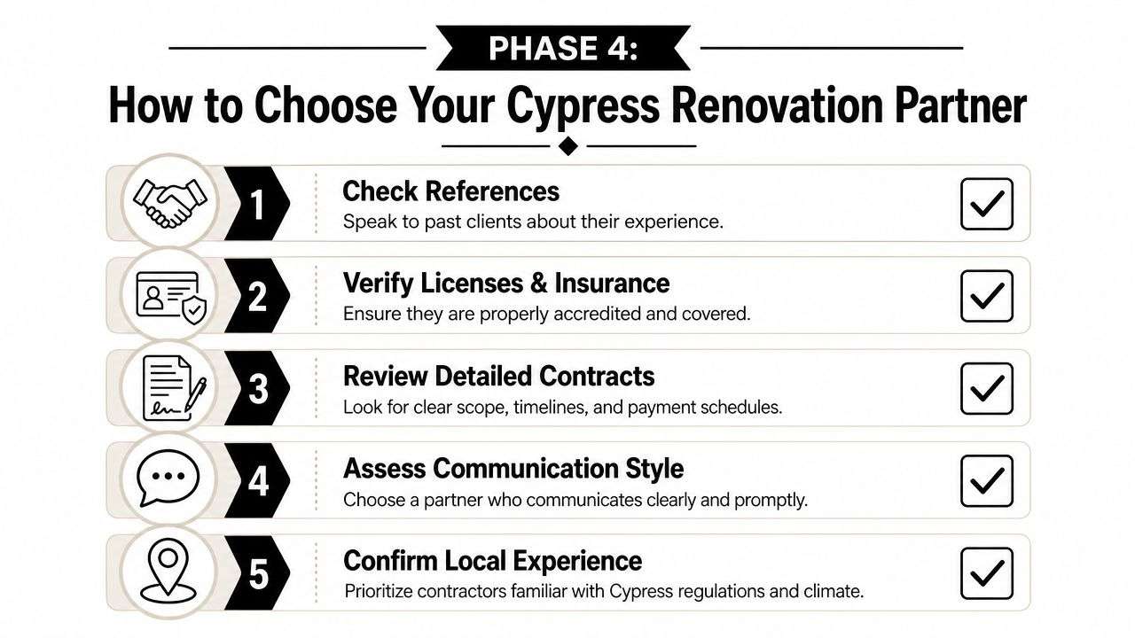 A five-step guide on how to choose the right renovation partner for home projects in Cypress.