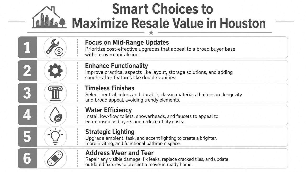 A numbered infographic titled Smart Choices to Maximize Resale Value in Houston detailing home improvement strategies.