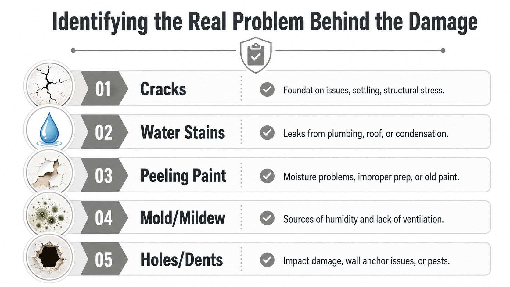 A chart titled Identifying the Real Problem Behind the Damage, listing five common home wall damage types and causes.