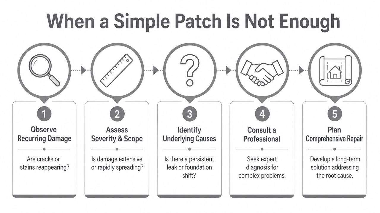 A five-step infographic showing the process for evaluating when home damage requires professional repair services.