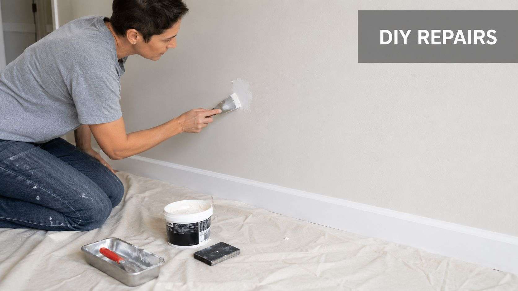 A person kneeling on a drop cloth applying spackle to a wall with a putty knife.