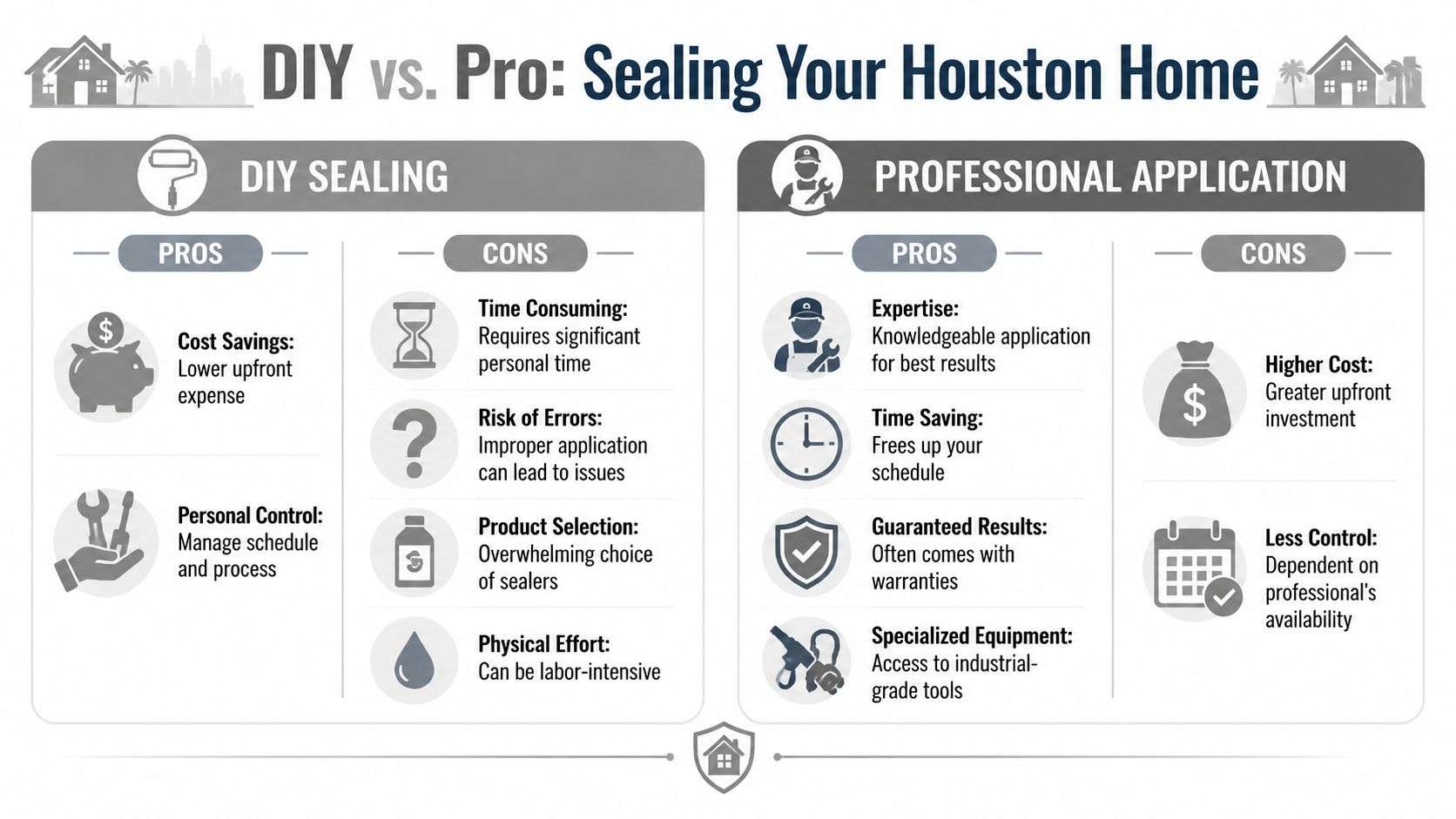 A comparison chart showing the pros and cons of DIY home sealing versus hiring a professional service.