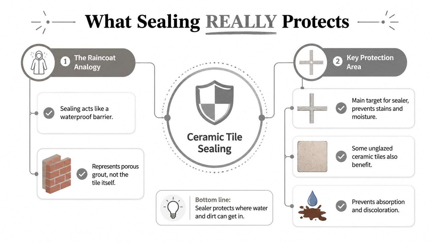 An infographic explaining that ceramic tile sealing primarily protects porous grout rather than the tile itself.