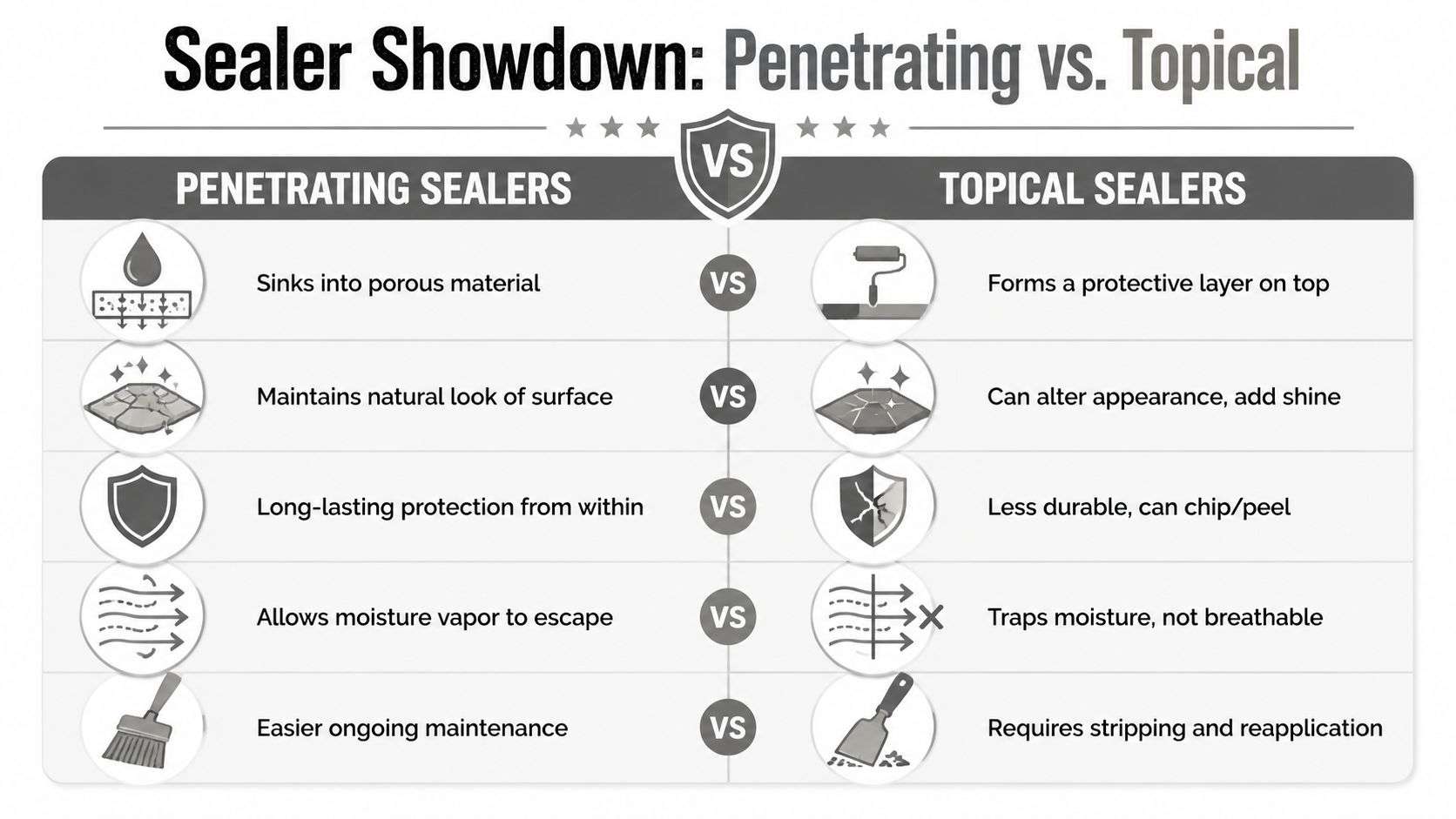 A comparison chart showing the differences between penetrating sealers and topical sealers for surface protection.