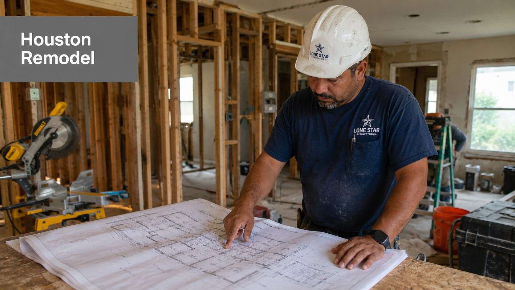 A construction contractor wearing a Lone Star Renovations hard hat reviewing architectural floor plans at a renovation site.