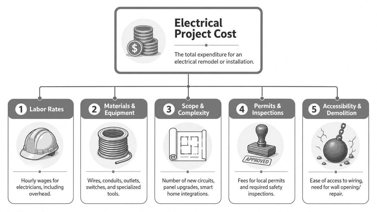 A diagram illustrating the five key factors that contribute to the total cost of an electrical project.