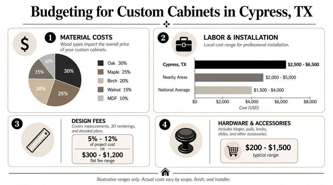 An infographic detailing the budget breakdown for custom cabinets in Cypress, Texas, covering materials, labor, design, and hardware.