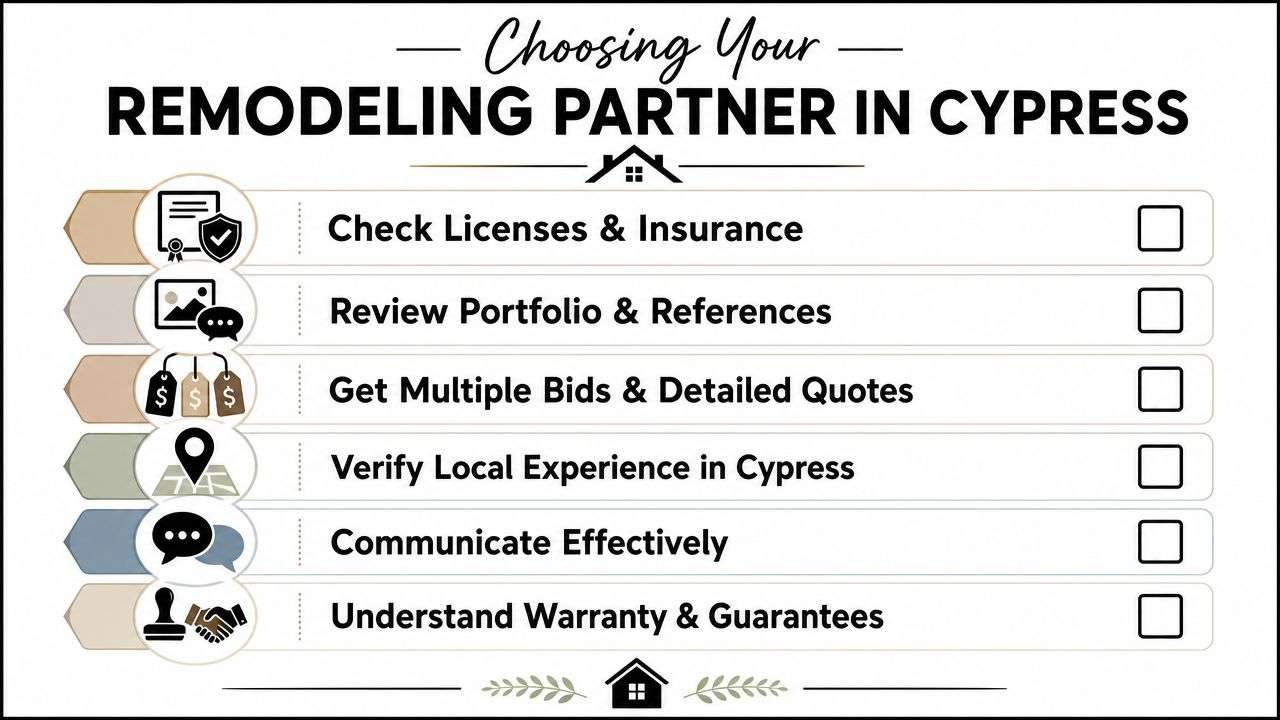 A checklist for choosing a professional home remodeling contractor in Cypress, Texas, with six essential steps.