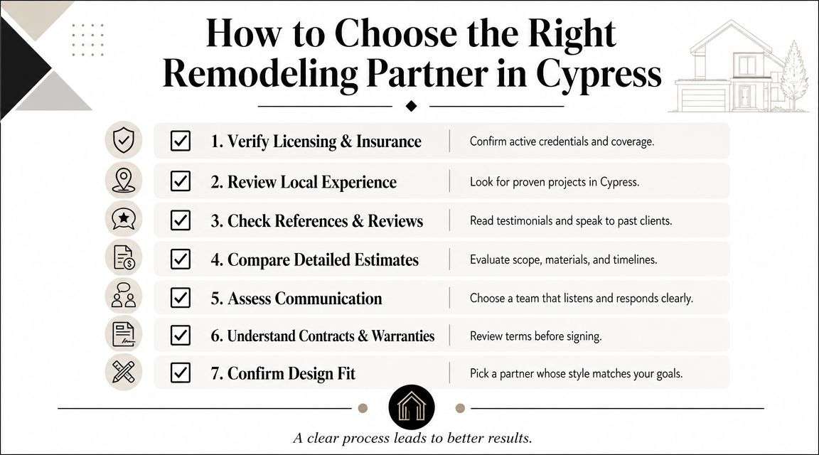 An infographic detailing seven essential steps for choosing the right home remodeling partner in Cypress.