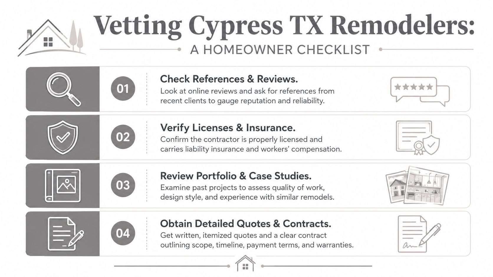 A four-step checklist for homeowners to vet and select reputable remodeling contractors in Cypress, Texas.
