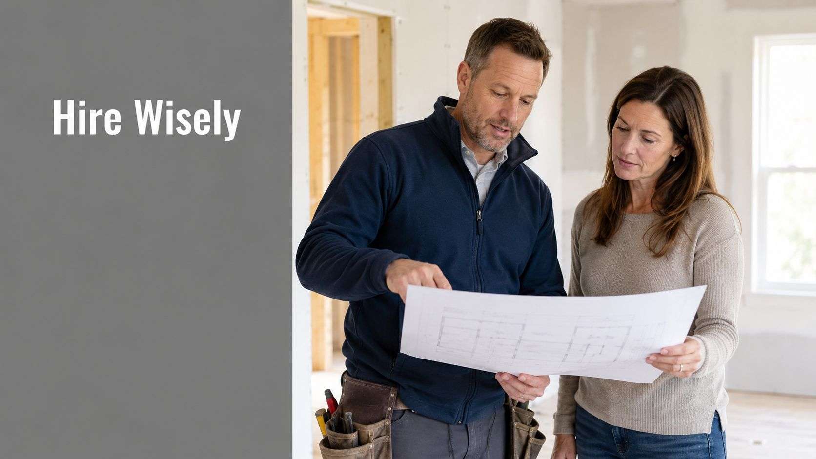 A professional contractor in a tool belt discussing building blueprints with a female client at a home site.