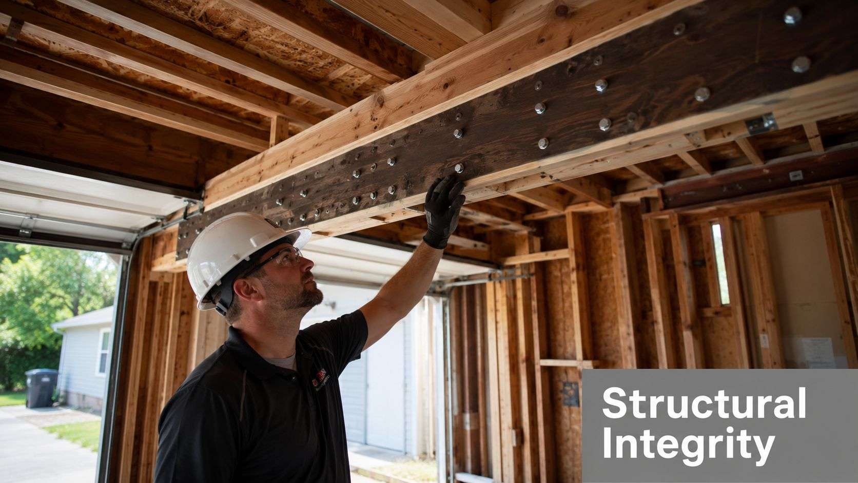 A construction inspector examining a structural beam during a garage conversion project in a residential home.
