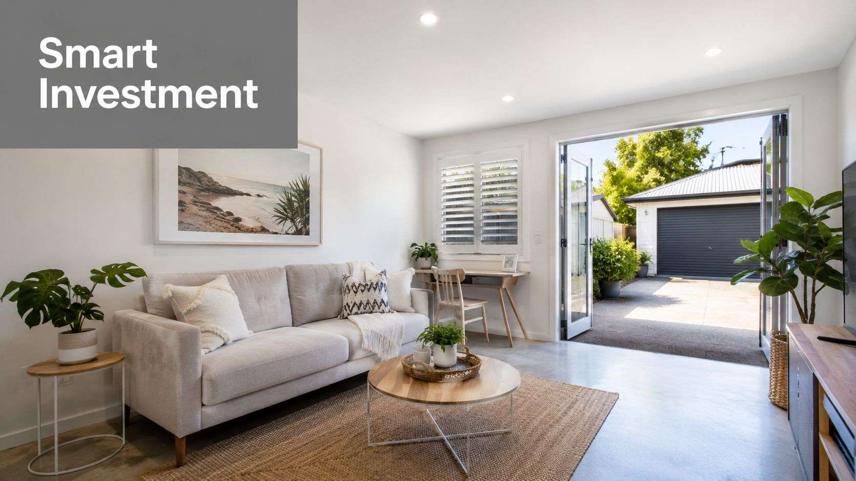 A modern, bright living room interior featuring a beige sofa, wooden coffee table, and an open garage entrance.