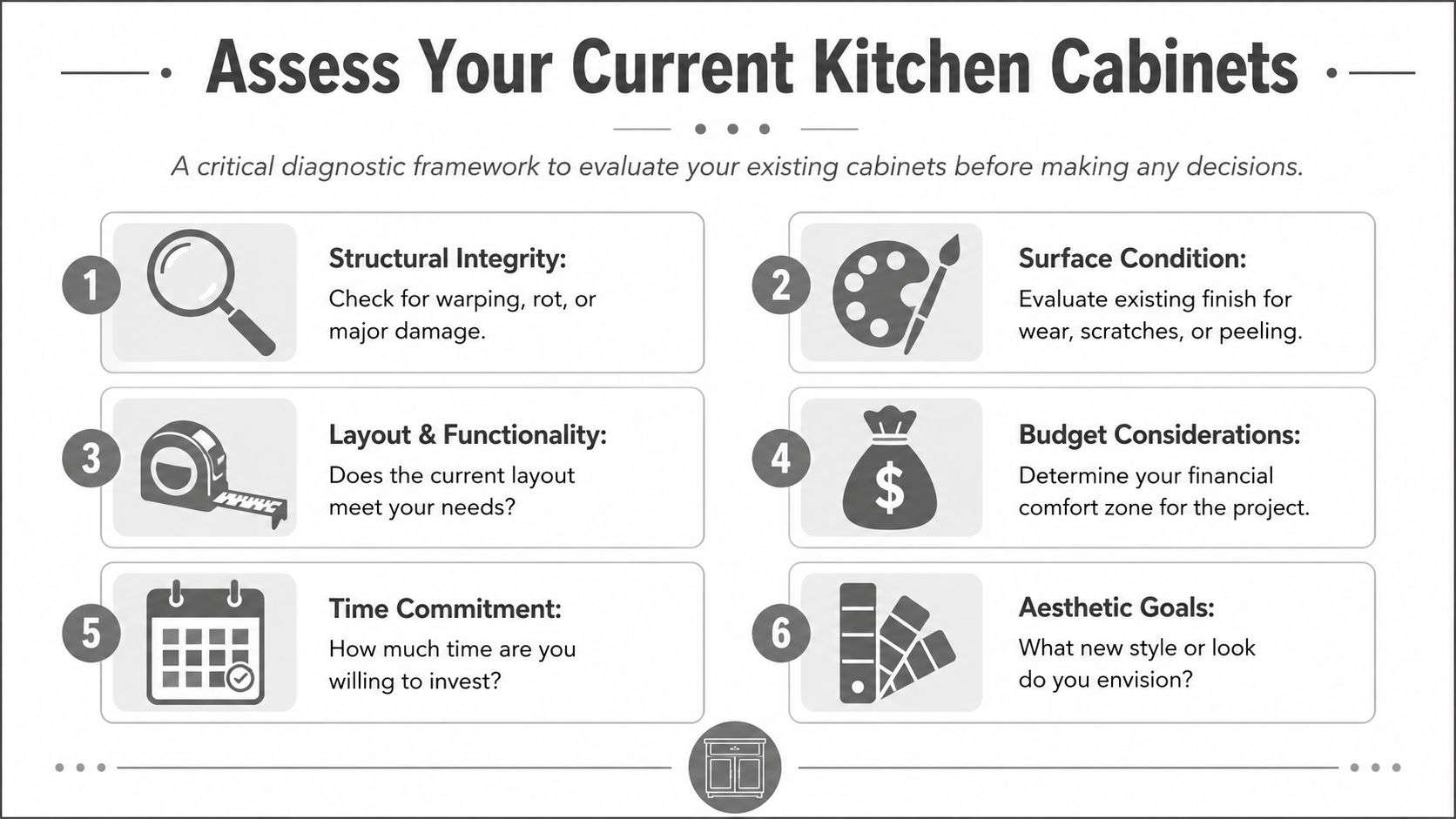 A diagnostic infographic titled Assess Your Current Kitchen Cabinets listing six essential steps for evaluating cabinetry.