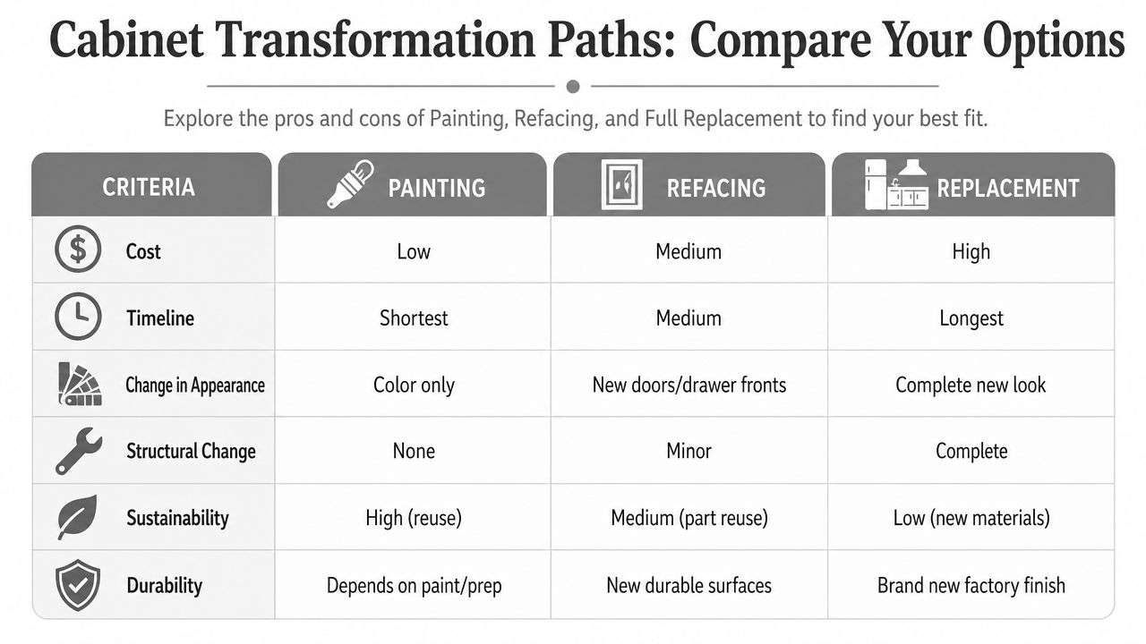 A comparison chart outlining the pros and cons of cabinet painting, refacing, and full replacement options.