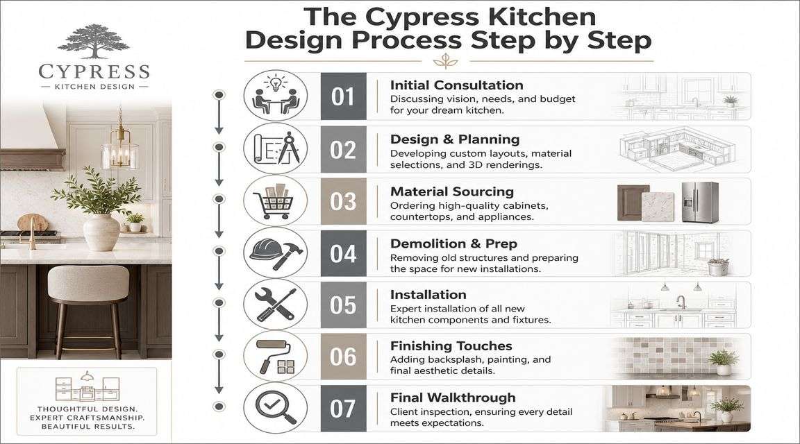 A step-by-step infographic detailing the professional seven-stage kitchen design and renovation process for Cypress Kitchen Design.