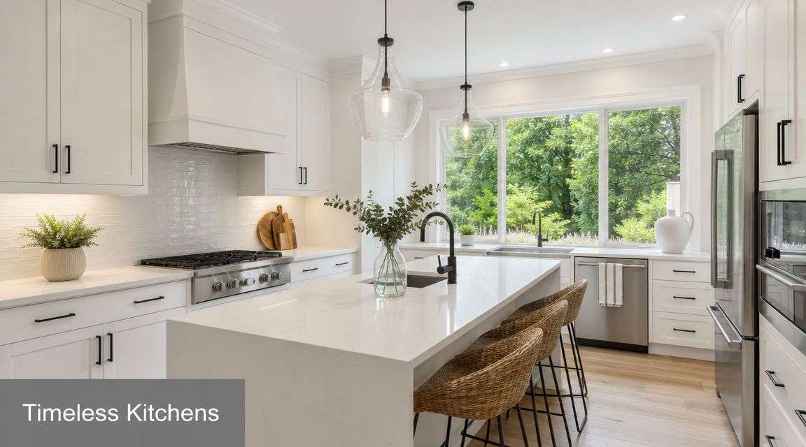 A modern, bright kitchen featuring white cabinets, a large quartz island with woven stools, and natural lighting.