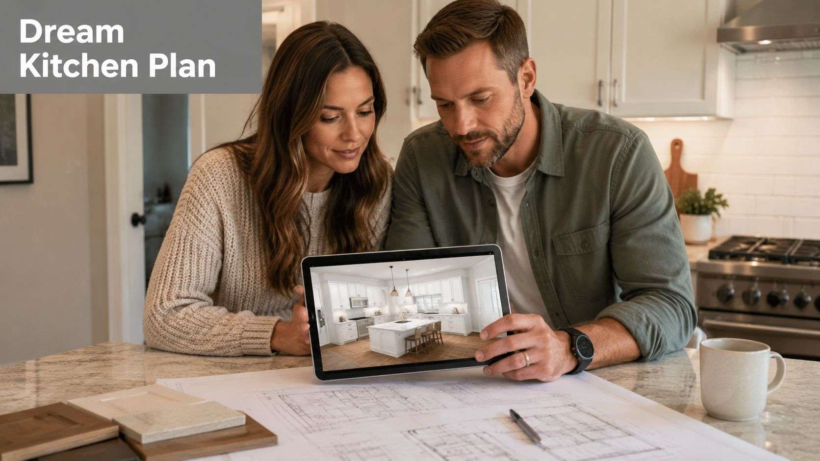 A couple looking at a digital design of their dream kitchen on a tablet at home.