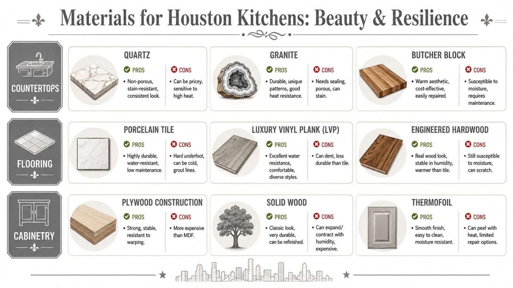 An infographic comparing various kitchen countertop, flooring, and cabinetry materials suitable for Houston home renovations.