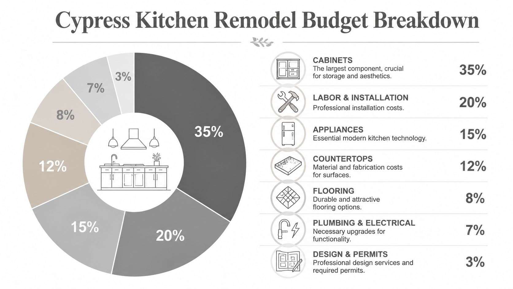 A pie chart displaying a Cypress kitchen remodeling budget breakdown by percentage for various project components.