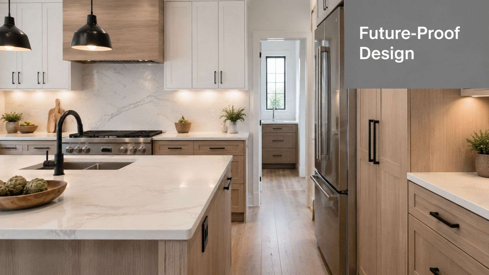 A modern, bright kitchen featuring white upper cabinets, light wood lower cabinetry, and a large marble island.