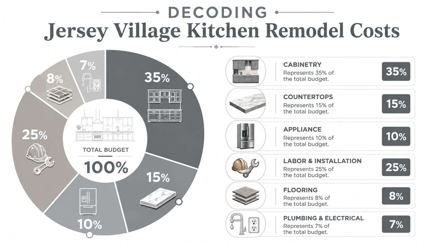 kitchen remodeling near jersey village tx budget breakdown Kitchen Remodeling Near Jersey Village TX: A Local Guide Kitchen remodeling near Jersey Village TX works best when the plan respects both the house and the climate. Some homes can handle a bigger rework of the layout. Others get a better result by keeping plumbing and major walls in place and spending on cabinetry, surfaces, ventilation, and lighting. Knowing the difference is where good planning pays off. A pie chart infographic detailing the percentage breakdown of costs for a kitchen remodeling project.