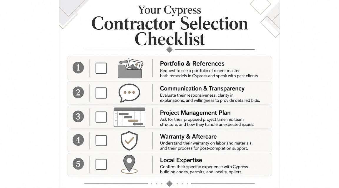 A five-point checklist for selecting a professional contractor for master bathroom remodeling projects in Cypress, Texas.