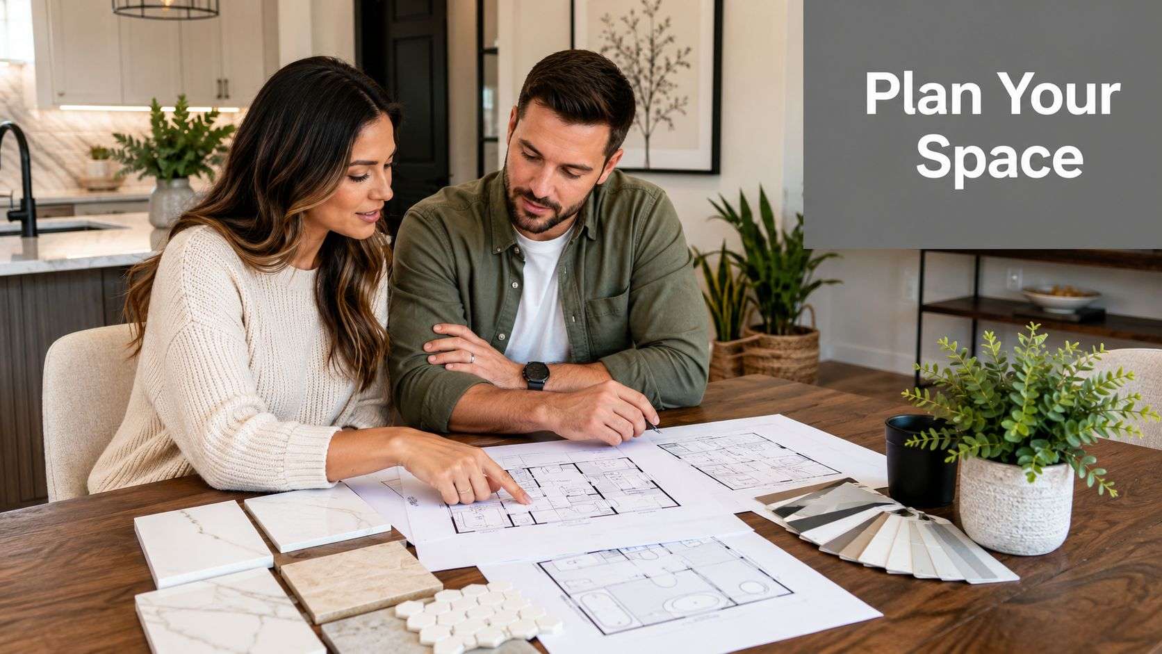 A couple sitting at a wooden dining table planning their home renovation using architectural floor plans.