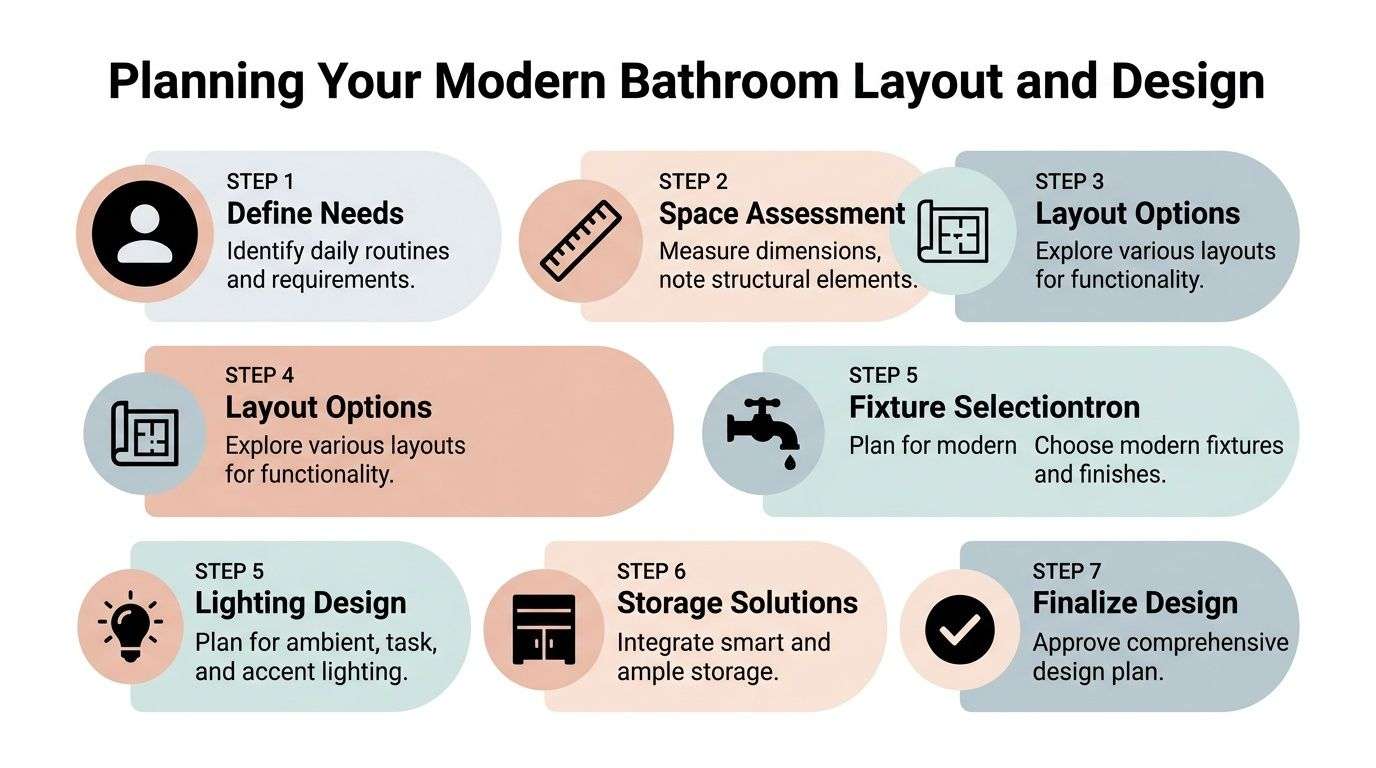 A step-by-step infographic titled Planning Your Modern Bathroom Layout and Design outlining seven professional planning phases.