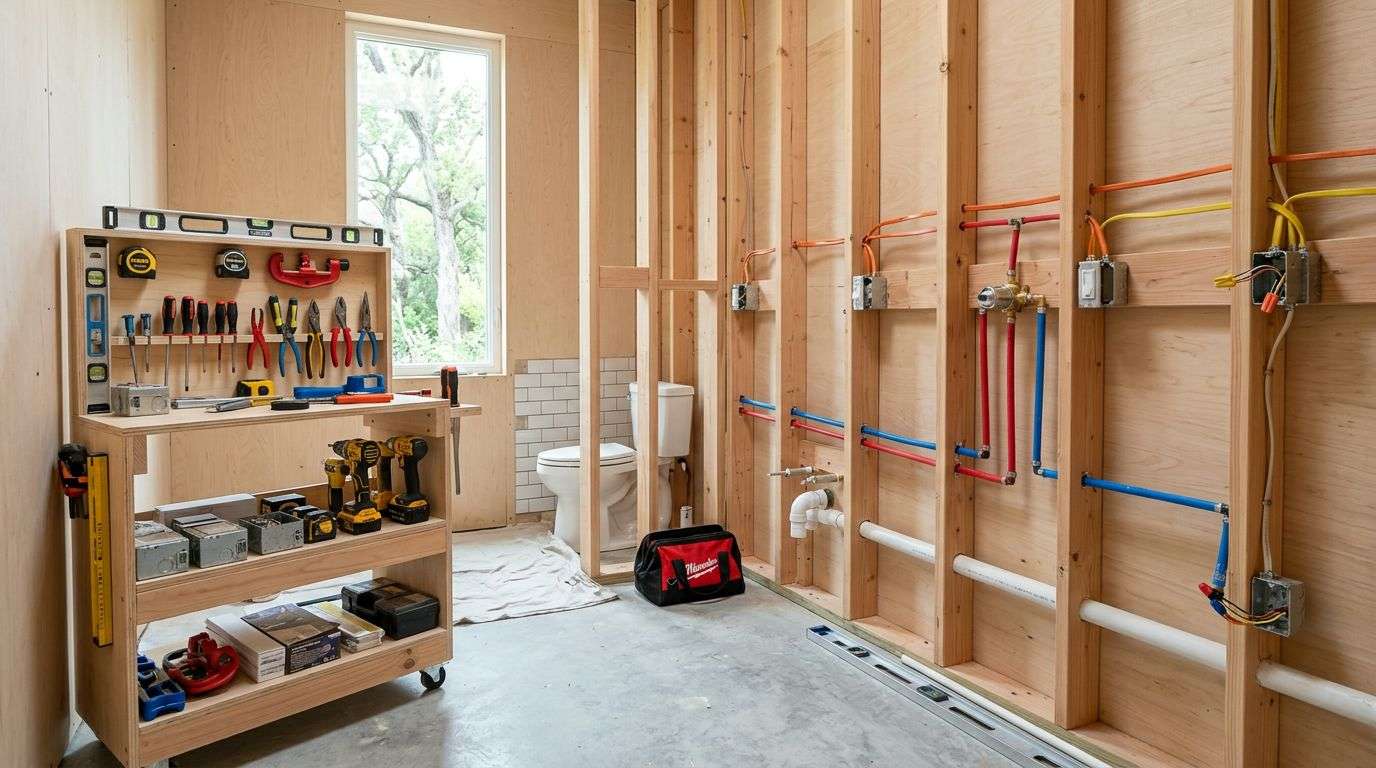 A professional construction workspace showing tools and exposed plumbing and electrical wiring for a bathroom renovation project.