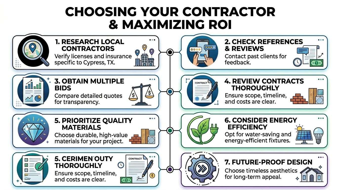 An infographic titled Choosing Your Contractor and Maximizing ROI providing steps for selecting renovation professionals in Cypress, TX.